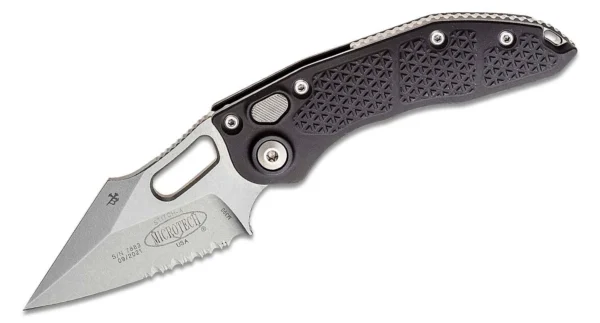 Microtech/Borka Blades 169-11 AUTO Stitch 3.625" Stonewashed Spear Point Combo Blade, Black Aluminum Handles