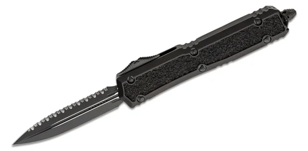 Microtech 206-3TS Signature Series Makora Tactical OTF AUTO 3.3" Black Plain/Serrated Double Edge Dagger Blade, Black Aluminum Handles with Black Traction Inlays